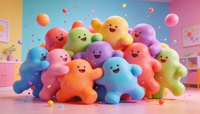 Playful pastel plush pile celebrating joyful childhood playtime with confetti and bright balls