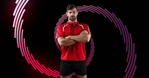 Confident athlete in red with spiral dynamic background