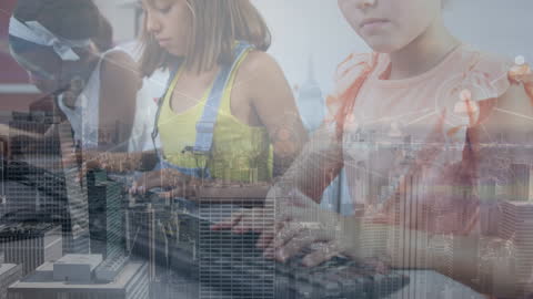 Diverse Children Learning with Technology Overlapping Cityscape