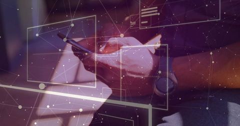 Man Interacting with Smartphone Amidst Digital Icon Overlay