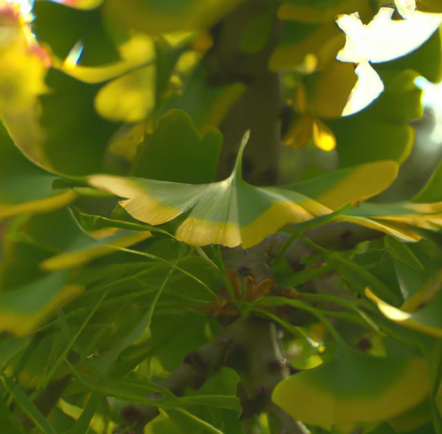 Close-up view of vibrant Ginkgo biloba leaves illuminated by sunlight. The image's lush greens and natural lighting create an inviting atmosphere ideal for themes related to nature, ecology, and zen-like environments. Perfect for use in environmental publications, wellness blogs, and botanical studies.