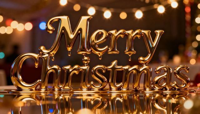 Glistening Gold Merry Christmas Sign Reflecting Warm Bokeh Lights on Banquet Tabletop
