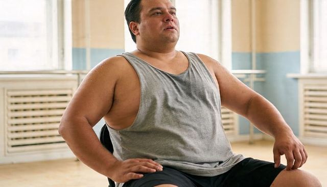 Hispanic man sitting on chair in fitness studio gazing upward, wearing grey tank top