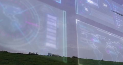 Rural Hillside Blending with Futuristic HUD World Map Overlay for Geospatial Concept