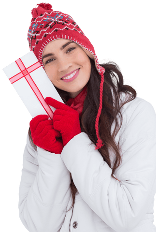 Happy Woman in Winter Clothing Holding Transparent Gift