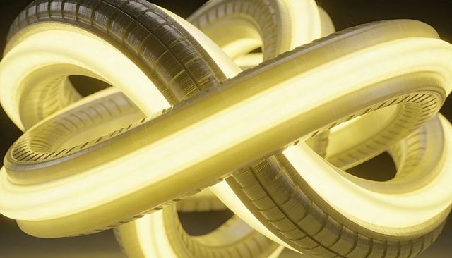Glowing torus tubes twisting with treaded rims and radiant yellow light