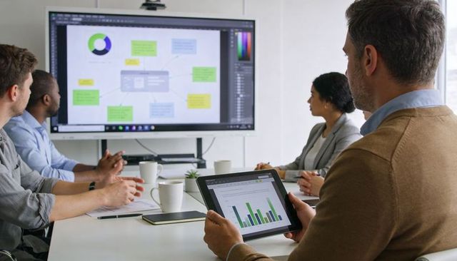 Team reviewing business data on tablet and large screen during collaborative strategy meeting