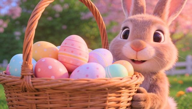 Adorable spring bunny holding wicker basket of pastel easter eggs in sunlit garden