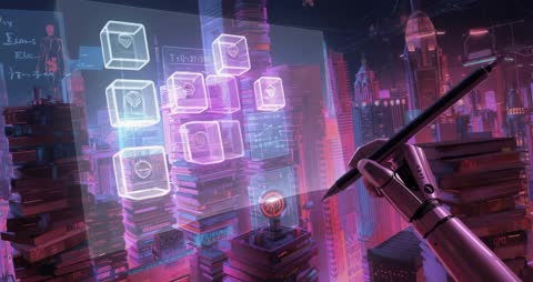 Futuristic Robotic Arm Distributing Digital Data in Cyberpunk Cityscape