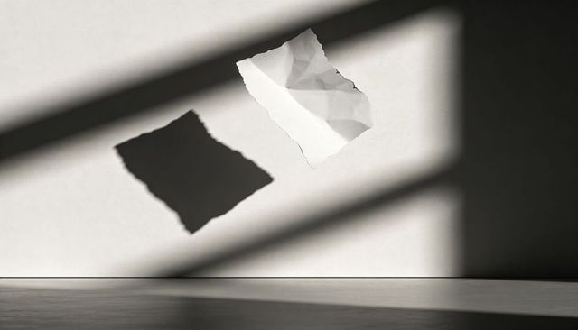 Minimal monochrome torn paper casting bold diagonal shadows on textured wall and floor