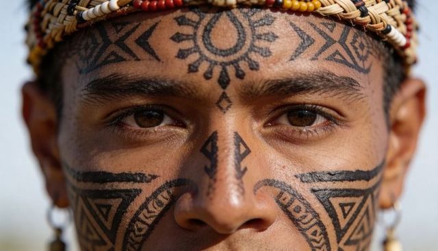 Gazing young man wearing tribal face tattoos and beaded headband, close-up portrait