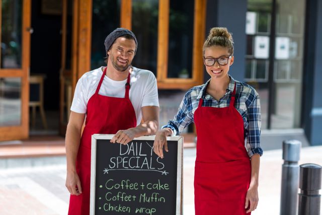 Portrait of smiling waitress and waiter standing with menu sign board outside cafÃ©