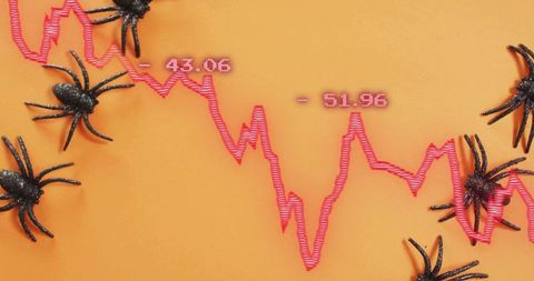 Halloween market crash concept with neon pink falling stock line and glitter spiders