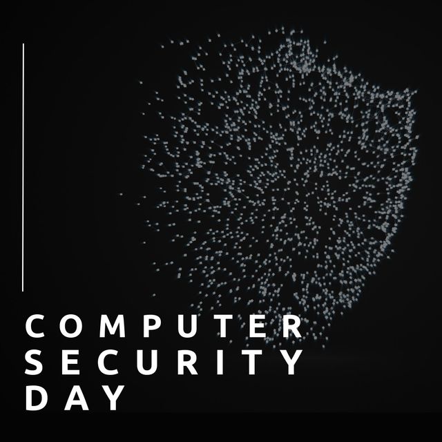 Composition of computer security day text over spots forming shield on black background. Computer security day and celebration concept digitally generated image.