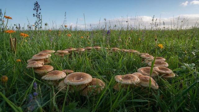 Fairy ring forming from brown-capped mushrooms in dew-covered meadow with wildflowers
