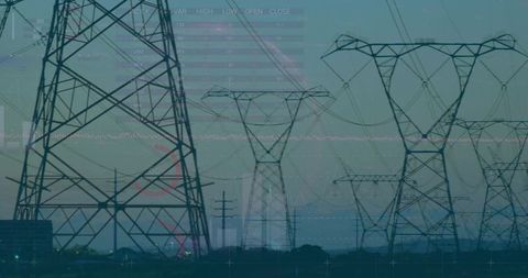 Steel Transmission Towers Against Twilight with Data Overlay