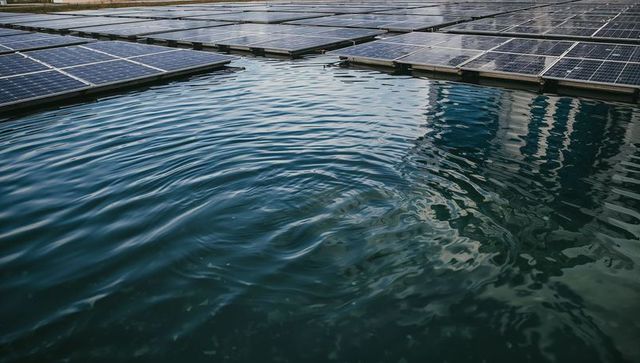 Floating Solar Array Over Calm Water Generating Renewable Energy with Reflective Ripples