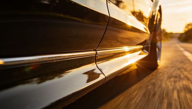 Gleaming car side skirt reflecting golden sunset driving along rural road at golden hour