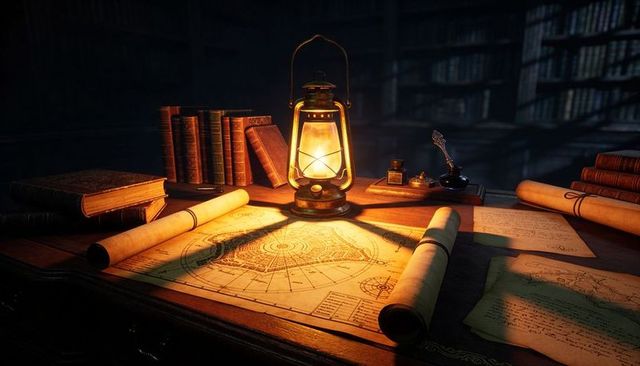 Antique Brass Lantern Illuminating Old Map and Scrolls on Wooden Desk in Library