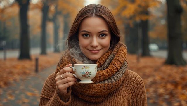 Woman Enjoying Warm Drink on Tranquil Autumn Park Pathway