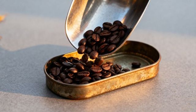 Pouring dark roasted coffee beans into tarnished tin under warm golden light