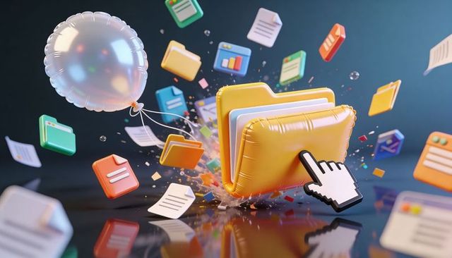 Clicking pixelated cursor opening glossy yellow folder with floating files and balloon
