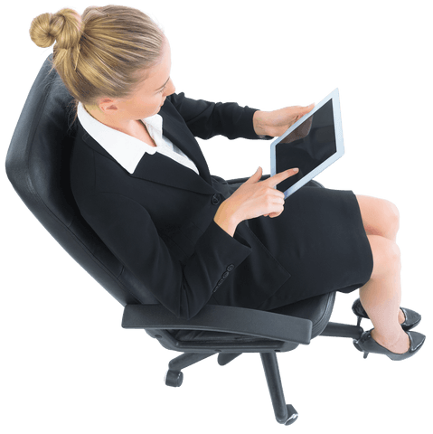 Businesswoman Using Tablet on Swivel Chair Transparent Background