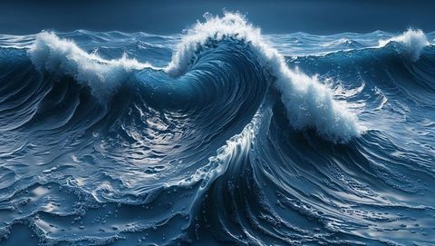 Rolling Ocean Wave in Dynamic Turbulence, Frothy Surf Display