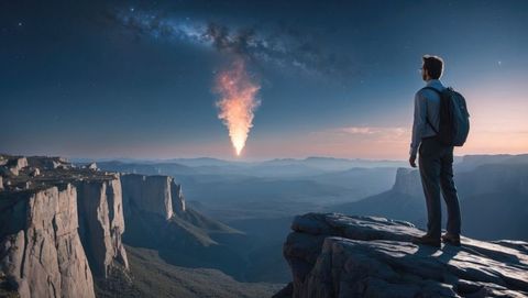 Astrophysicist hiker admiring dramatic meteor night scene over canyon