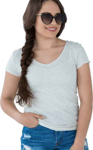 Smiling Woman with Sunglasses and Braided Hair in Transparent Background