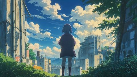 Anime girl in hoodie watching urban skyline from hillside