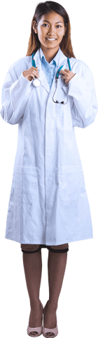 asian female doctor holding a stethoscope against a transparent background, conveying professionalism and confidence. suitable for healthcare promotions, educational materials, and medical articles. use in designs requiring medical expertise or trusted healthcare professionals.