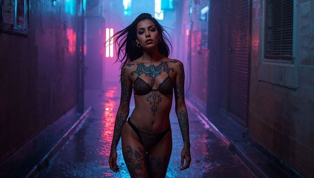 Edgy tattooed model in neon-lit alley