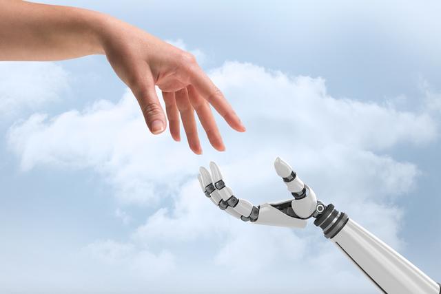 Human and robot hands reaching towards each other against a cloudy sky, symbolizing connection and harmony between humans and robots. Useful for tech magazines, AI workshops, innovation presentations, and future technology discussions.