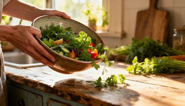 Tossing fresh garden salad in rustic sunlit kitchen bowl with herbs and wooden counter