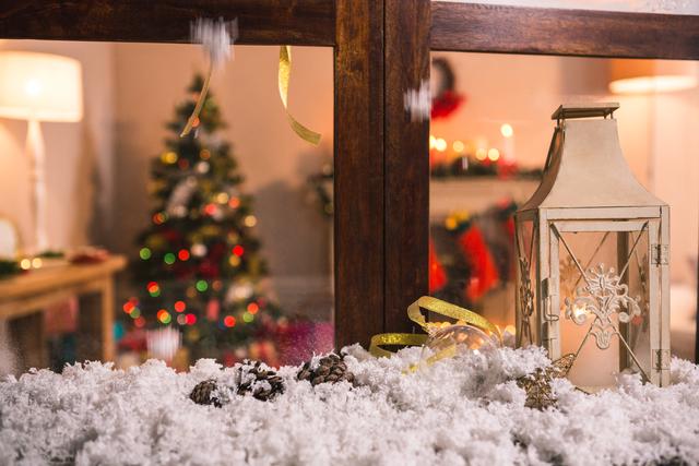 Cozy Christmas Window with Pine Cones and Lantern - Download Free Stock Photos Pikwizard.com