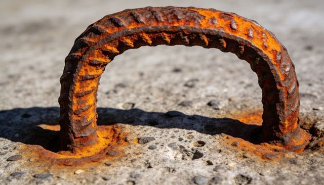 Rusted u-shaped rebar loop casting shadow on sunlit concrete with orange corrosion