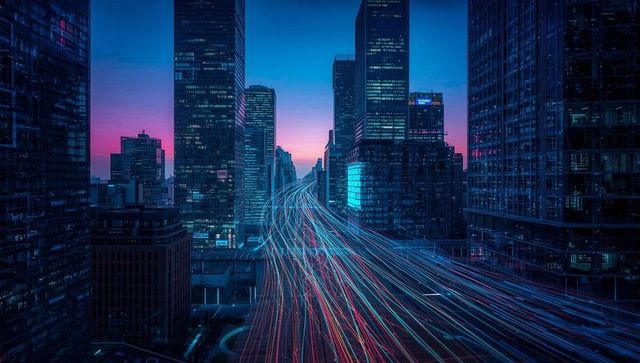 Futuristic Cityscape with Vibrant Light Trails and Skyscrapers