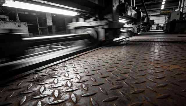 Rusty diamond plate floor with oil sheen and moving rollers in industrial factory bay