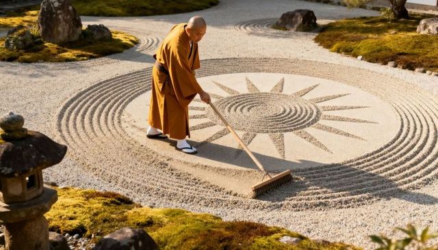 Zen monk raking gravel to create sun motif in courtyard garden, saffron robes, tranquil ritual