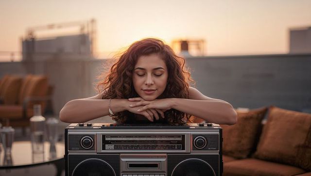 Woman relaxing on rooftop with vintage boombox at sunset