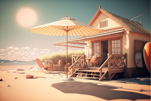 Cozy Beach House with Patio Umbrella on Sunny Day - Download Free Stock Images Pikwizard.com