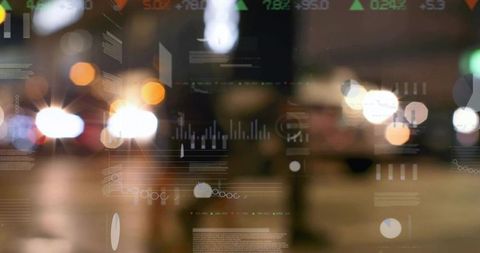 Urban night traffic bokeh with digital data overlays and HUD for smart city analytics