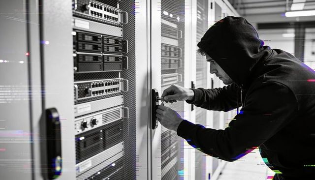 Hooded man unlocking server rack in data center aisle, security intrusion concept
