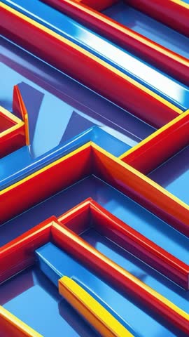 Vertical CG Maze Motion Loop with Shifting Light, Glossy Red Walls and Yellow Trim