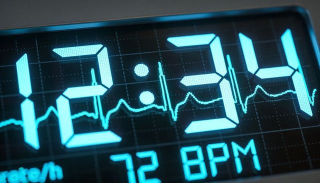 Hospital monitor displaying 12:34 digital clock with ecg heartbeat waveform and 72 bpm