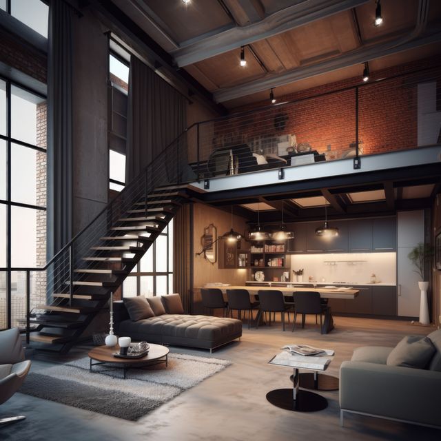 The image showcases a modern industrial loft with an open-concept living and dining area. The space features a cozy seating area with a large sofa, a central coffee table, an adjacent dining table, and a sleek kitchen. A staircase leads up to a mezzanine level. The room is characterized by high ceilings, large windows allowing plenty of natural light, and an overall contemporary design. This can be used for real estate promotions, interior design inspiration, lifestyle blogs, and architectural magazines.