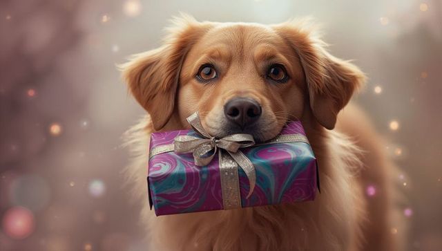 Golden retriever holding colorful gift box in festive atmosphere