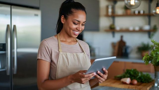 Cook reading recipe on tablet in modern kitchen with vegetables
