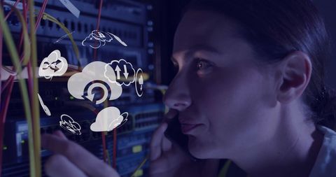 Woman Analyzing Server Room with Technological Icons - Download Free Stock Images Pikwizard.com